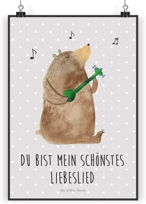 Produktbild von Mr. & Mrs. Panda Bild Bär Lied DIN A3 - Grau Pastell - Geschenk, drucke, Herz, Teddy, wanddeko, Spruch, Liebe, Frau, Wandbild, Plakat
