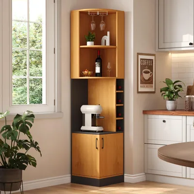 Immagine prodotto di Mobiletto espositivo Flieks, 182 cm di altezza, con ripiano per bicchieri da vino, scaffale per bottiglie e ante. Ideale come vetrina per sala da pranzo, cucina e soggiorno. Mobiletto angolare per vino, in legno