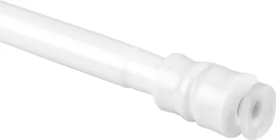 Close-up of the end of a white, extendable curtain rod with a clear rubber stopper.