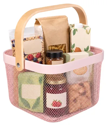 Image de Panier de rangement Relaxdays, avec poignée, pour vêtements, décoration, en acier et bois, panier à ustensiles, dimensions (L x H x P) : 17,5 x 26 x 24,5 cm, rose, Image générée par une IA