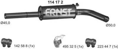 Produktbild von ERNST 114172 Mittelschalldämpfer Schalldämpfer für VW Polo Schrägheck (6R1, 6C1) für SKODA Fabia II Schrägheck (542) Fabia II Combi (545) für SEAT
