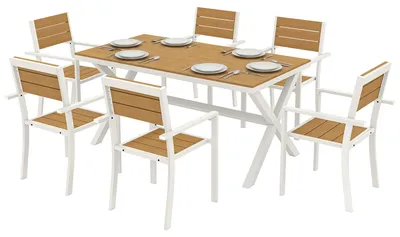 Produktbild von Sitzgruppe 6 Personen, Gartenmöbel Set 7-teilig, stapelbare Stühle, Holzoptik Aluminiumrahmen, Teak  |  wetterfest  |  23 kg  |  160 x 86 x 72 cm