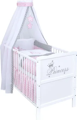 Produktbild von Baby-Delux Babybett Kinderbett Gitterbett Princess 60x120 Weiß inkl. 10-tlg Princess Stars Bettwäsche Set Matratze, Beißschienen zum Schutz