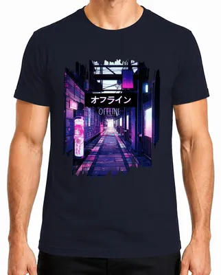 Imagen del producto de Camiseta para hombre, estilo cyberpunk, con motivos de neón, anime, vaporwave y estética retro japonesa. Color: azul marino. Talla: 3XL
