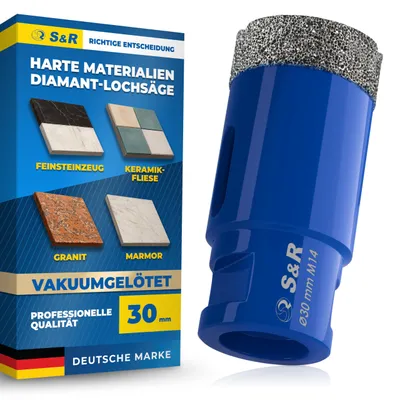 Produktbild von S&R Professional Diamant Fliesenbohrer 30 mm, Lochsäge für Fliesen M14 Gewinde, Diamant Bohrer Fliesen, Vakuum Gelötete Bohrkrone Winkelschleifer für Keramik, Feinsteinzeug, Granit, Marmor, Porzellan