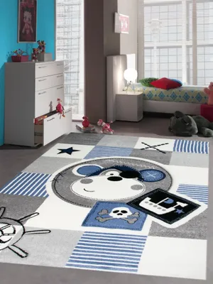 Produktbild von Teppich Kinderzimmer Babyzimmer Jungen Affe Pirat blau crème grau schwarz Größe - 80x150 cm