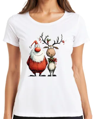 Produktbild von Lustiger Weihnachtsmann und Rentier Cartoon Weihnachten Geschenk Damen T-Shirt, Weiß, L