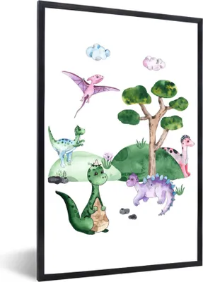 Produktbild von MuchoWow® Gerahmtes Poster Kinderzimmer - Dinosaurier - Weiß - Jungen - Mädchen - Kinder 40x60 cm - Poster mit Schwarzem Bilderrahmen Wandposter Rahmen Foto Bilder - Papierdruck - Wandbilder