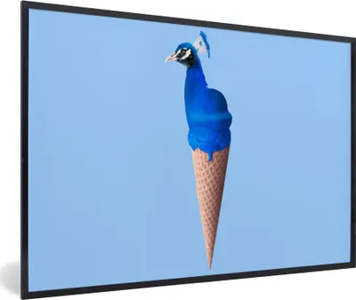 Produktbild von MuchoWow® Gerahmtes Poster Pfau - Eistüten - Eiscreme - Blau - Vogel 90x60 cm - Poster mit Schwarzem Bilderrahmen Wandposter Rahmen Foto Bilder - Fotorahmen - Foto-Plakat