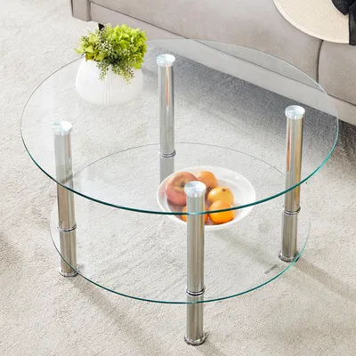 Obrázek produktu pro okwish Konferenční stolek sklo kov – dvoustupňový design pro více úložného prostoru – kulatý s průhlednou skleněnou deskou – stříbrná barva průhledný