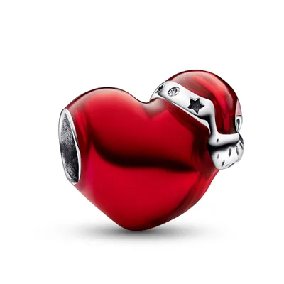 A red heart-shaped charm with a Santa hat design.