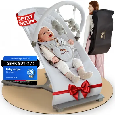 Produktbild von BärenTatze Babywippe 3-in-1-Set, Ergonomisch, Höhenverstellbar, Spielbogen, Aufbewahrungstasche, 3-Punkte-Gurtsystem, flexible Schultergurte, für Neugeborene ab Geburt, Filz, Silent Protection