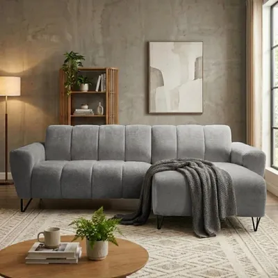 Produktbild von Ecksofa VOLARE MINI L-Form, Ottomane rechts, Chenille Vega in Grau, Sofa ohne Schlaffunktion, dekorative schwarze Metallbeine