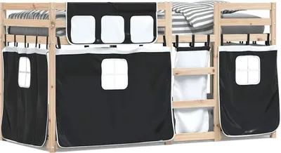 Obrázok produktu pre vidaXL Poschodová posteľ so závesmi biela a čierna 90x190 cm borovicové drevo