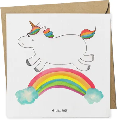 Produktbild von Mr. & Mrs. Panda Klappkarte Einhorn Regenbogen - Weiß - Geschenk, Glückwunschkarte, doppelkarte, Erwachsenwerden, Grußkarte, Unicorn, faltkarte, anlasskarte, Glitzer