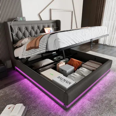 Productafbeelding van Boxspringbed 180x200 cm, grijs, van katoen, met hydraulische opbergruimte, gestoffeerd hoofdeinde, USB-C oplaadfunctie en 3-zijdige LED-verlichting