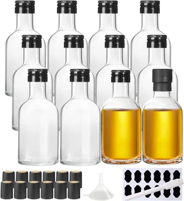 Obrázok produktu pre Sklenené fľaše, objem 100 ml, 12 kusov, so skrutkovacím uzáverom a lievikom, vrátane etikiet a pera, určené na likéry