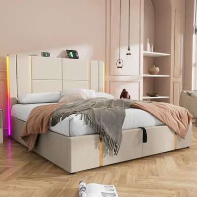 Productafbeelding van Zerbaco gestoffeerd tweepersoonsbed, 180x200 cm, bed met opbergruimte en bedlade, hydraulisch, LED-verlichting, USB- en Type-C oplaadfunctie, lattenbodem van hout, beige, zonder matras