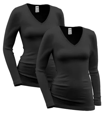 Damen langarm Unterhemd mit V-Ausschnitt 2er-Pack schwarz