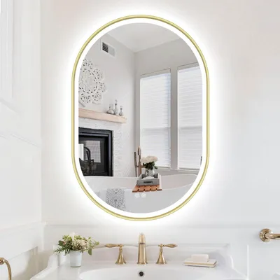 Obrázok produktu pre Zrkadlo s osvetlením, oválne, 60x90 cm, LED, hliníkový rám, proti zahmlievaniu, 3000-6500K, funkcia pamäte, IP44, zlatá farba
