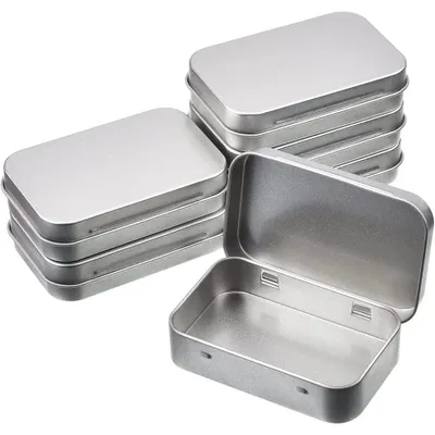 6 rechteckige Metalldosen mit Scharnierdeckel, 95x62x20 mm