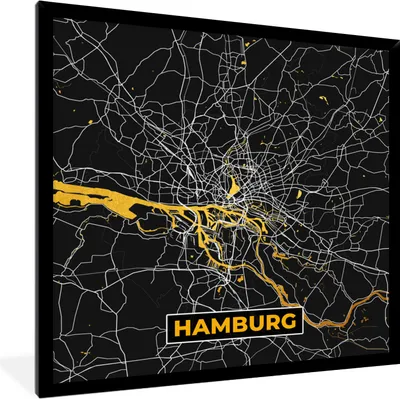 Produktbild von MuchoWow® Gerahmtes Poster Hamburg - Deutschland - Karte - Gold - Stadtplan 40x40 cm - Poster mit Schwarzem Bilderrahmen Wandposter Rahmen Foto Bilder - Mit Rahmen - Wanddekoration Schlafzimmer