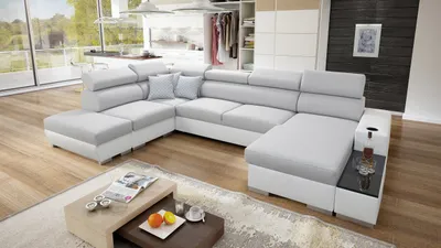 Produktbild von Wohnlandschaft in U-Form PERS VI Ecksofa Eckcouch mit Schlaffunktion (Grau LUXO 6601 + weißes Kunstleder, Rechts)