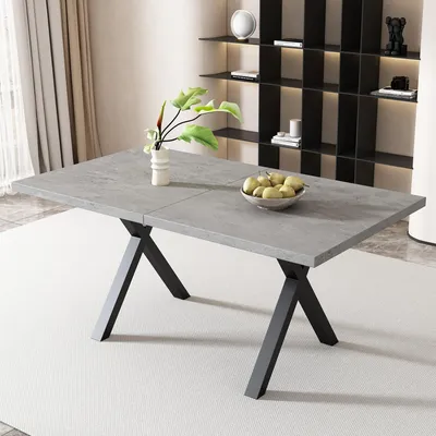 Image de Table de salle à manger rectangulaire 140 x 80 cm pour 4 à 6 personnes, table de cuisine aspect béton avec piètement en X en métal, table de salle à manger robuste au design industriel