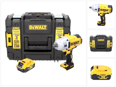 A collage of images showing a DeWalt impact wrench, its case, and a battery pack.