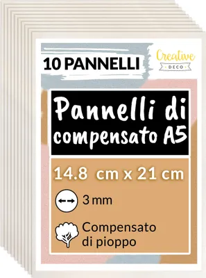 Immagine prodotto di Creative Deco 10 x A5 Pannelli in Legno Compensato | 3mm/14.8x21cm | Legno di Pioppo | Perfette per la Decorazione, Pittura, Pirografia | Taglio Laser