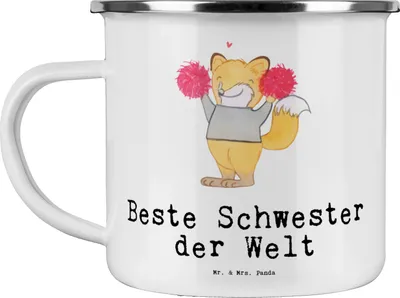 Produktbild von Mr. & Mrs. Panda Pott Fuchs Beste Schwester der Welt - Weiß - Geschenk, Familie, Kleinigkeit, Emaille Becher, Motivtasse, Tochter, Tasse, Geschenkidee, Teetasse