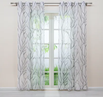 Produktbild von Joyswahl Vorhang Voile Gardinen HxB 145x140cm Ösenschal mit grauem Zweigmuster Ösen halbtransparent Grau 1 Stück