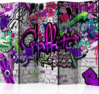 Produktbild von 5-teiliger Doppelseitiger Vlies Paravent - Purple Graffiti 225x172 cm f-A-0348-z-c