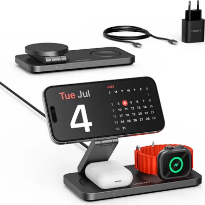 A 3-in-1 wireless charging station with a phone, smartwatch, and earbuds charging.
