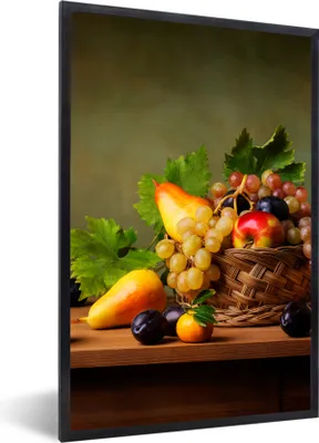 Produktbild von MuchoWow® Gerahmtes Poster Rustikal - Korb - Obst - Stilleben 60x90 cm - Poster mit Schwarzem Bilderrahmen Wandposter Rahmen Foto Bilder - Kunst