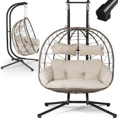 Produktbild von Juskys Doppelhängesessel Aria - Polyrattan Hängesessel mit Gestell & Kissen - Beige