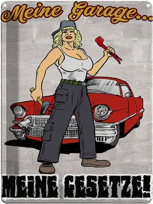 Produktbild von vianmo Blechschild 40x30 cm Pinup Meine Garage Gesetze Spruch Zitat
