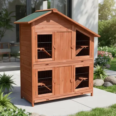 A wooden multi-level hutch for small animals, such as rabbits or guinea pigs, is placed outdoors on a paved patio area.