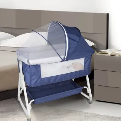 Produktbild von 3in 1 Beistellbett & Babywiege & Reisebett Höhenverstellbar Babybett, neigbar, Kinderbett inkl. Matratze und Moskitonetz Blau
