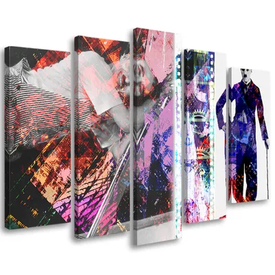 Produktbild von 5-teiliges leinwandbild charlie chaplin schauspieler 150x100 cm Feeby lila wandbild bereit zum aufhängen