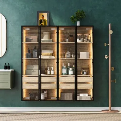 Produktbild von Odikalo Stauraumschrank Badezimmerschrank Strandvitrine Lichtleiste 73cm Schubladen 2 Glastür