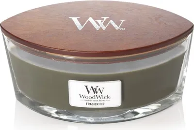 A WoodWick Frasier Fir candle in a glass jar with a wooden lid.