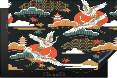 Produktbild von KitchenYeah© Herdabdeckplatte Kranich - Wolken - Japan - Muster , 81x52cm, Küche Deko, Glaskeramikkochfeld Herdabdeckung, Abdeckplatte fùr Kochfeld