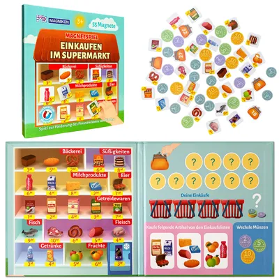 Produktbild von Magnetspiel Einkaufen im Supermarkt 55 Magnete, Spielen und Lernen, Lernspiel Rechnen Lernen mit großem Spielfeld für die Beschäftigung