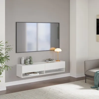 Immagine prodotto di Mobile TV a basso profilo "Halmstad" con 2 ante a ribalta e 2 vani aperti, dimensioni 140 x 31 x 30 cm, da appendere, colore bianco