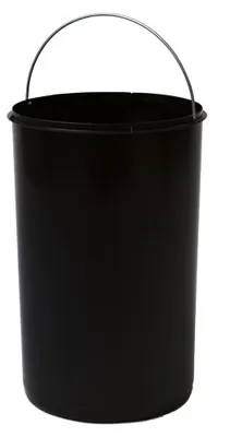 A black cylindrical bucket with a silver handle is shown against a white background.