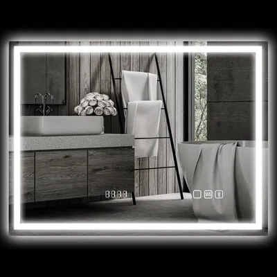 Zdjęcie produktu dla Lustro łazienkowe Fortuna Lai z oświetleniem 80x60 cm Lustro ścienne LED z funkcją odtwarzania muzyki przez Bluetooth Funkcja pamięci Zegar 3 kolory światła Lustro bez zaparowania z przełącznikiem dotykowym Srebrne