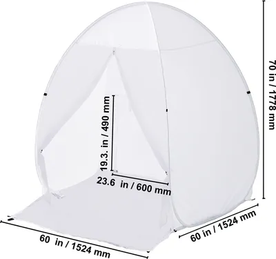 A white pop-up spray paint tent with dimensions indicated.