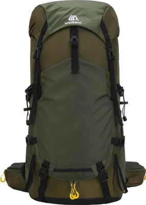 A green hiking backpack is shown against a white background.