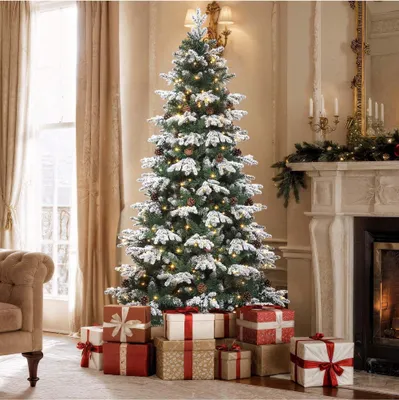 Produktbild von BALCONERA 182cm Künstlicher Weihnachtsbaum, Vorgeschmückt mit Schnee & 300 LED Beleuchtung & 29 Kiefernzapfen, ca. 900 Spitzen, Tannenbaum mit Klappsystem & Metallständer, 182 x Φ105cm
